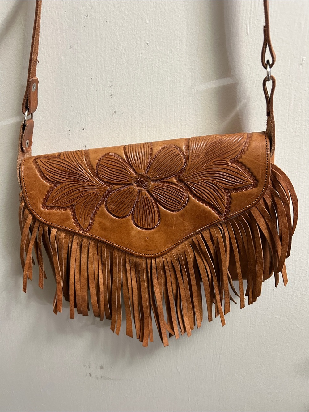 Handmade Natural Boho Leather Fringed Floral Tooled Leather Crossbody Bag - Tan - Picture 2 of 9